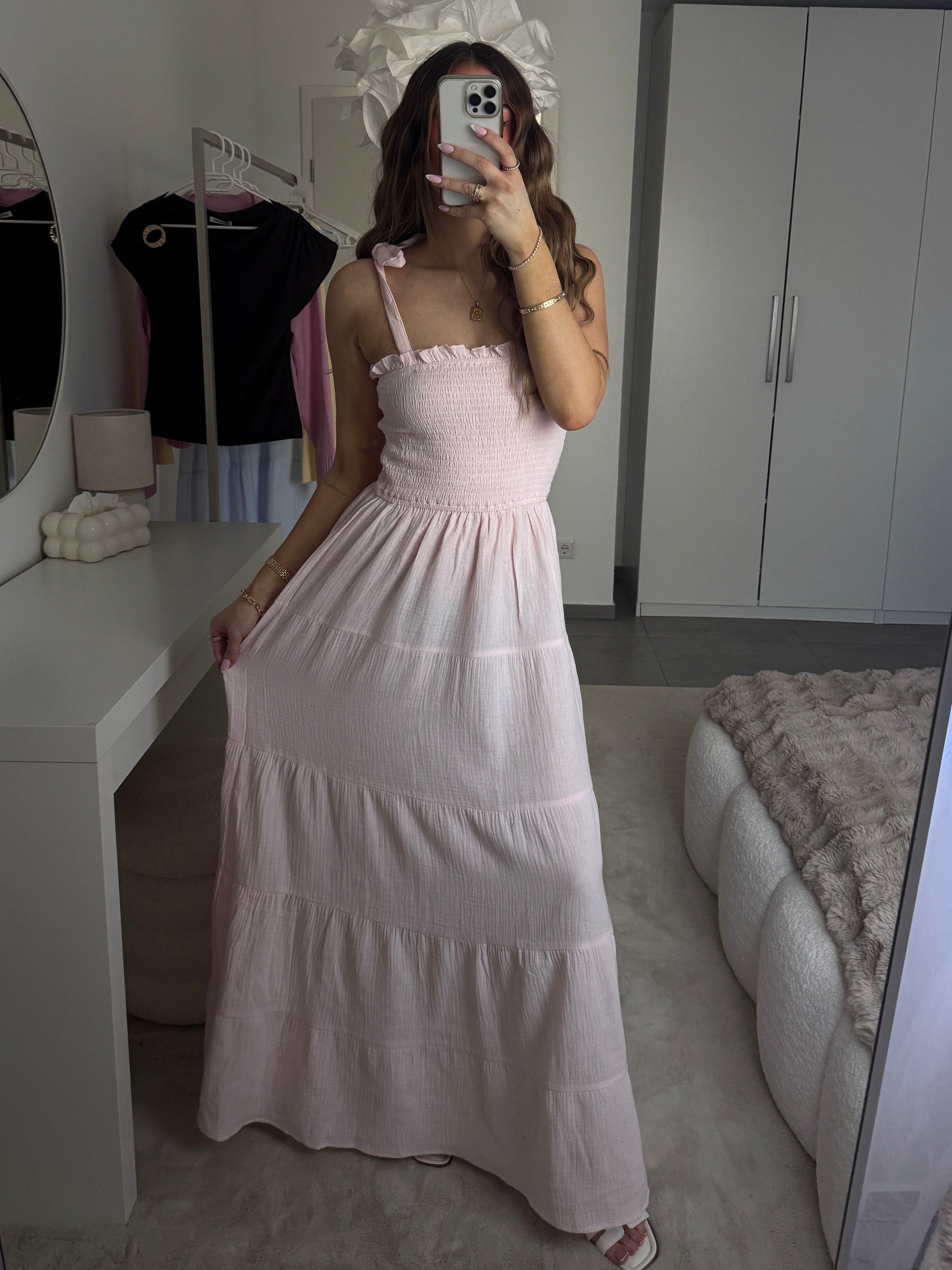 Maxikleid mit Schleifen Trägern - Rosa
