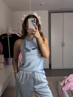 Satin-Look Halterneck Top Blau