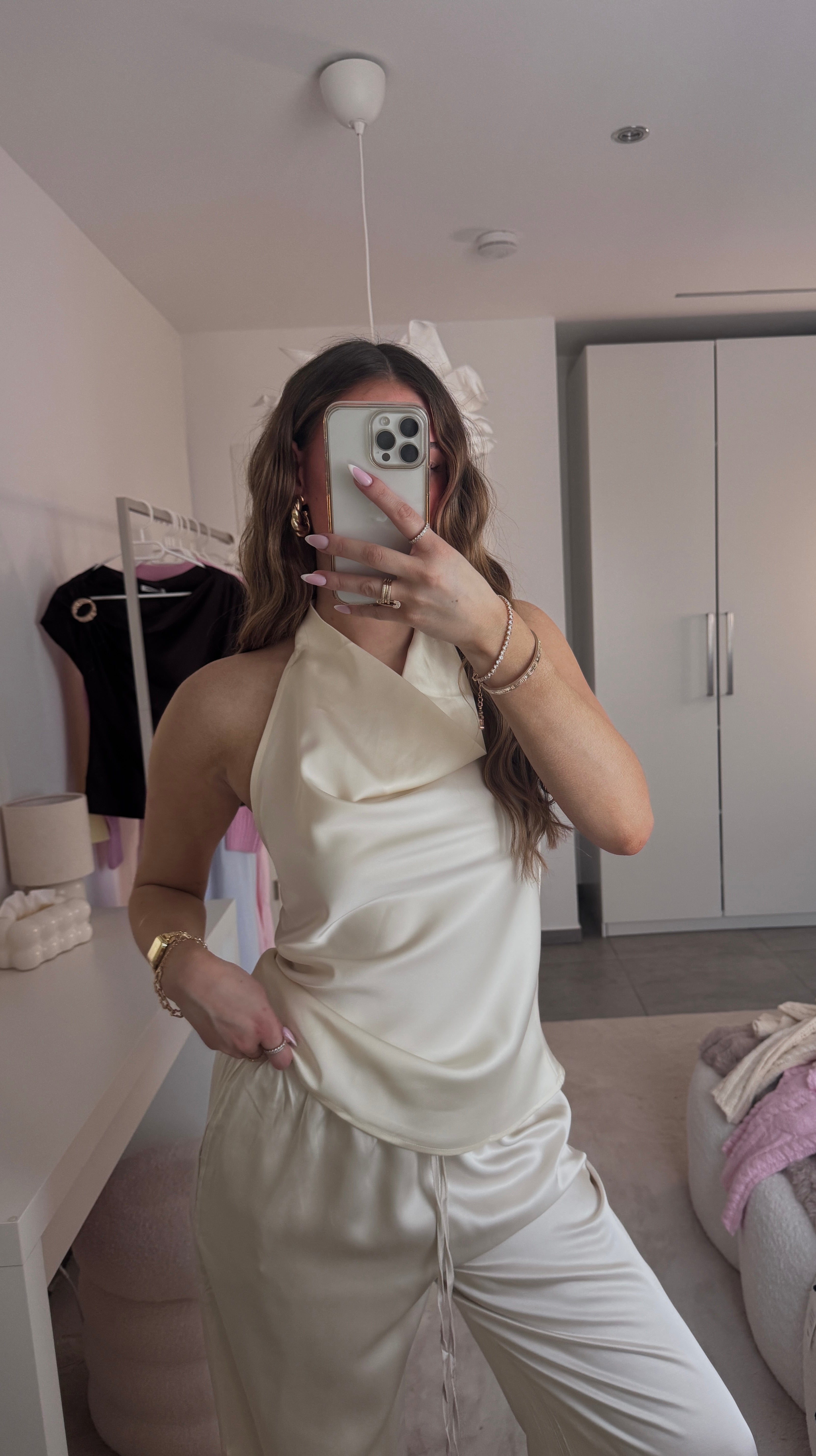 Satin Look Halterneck Top - Creme