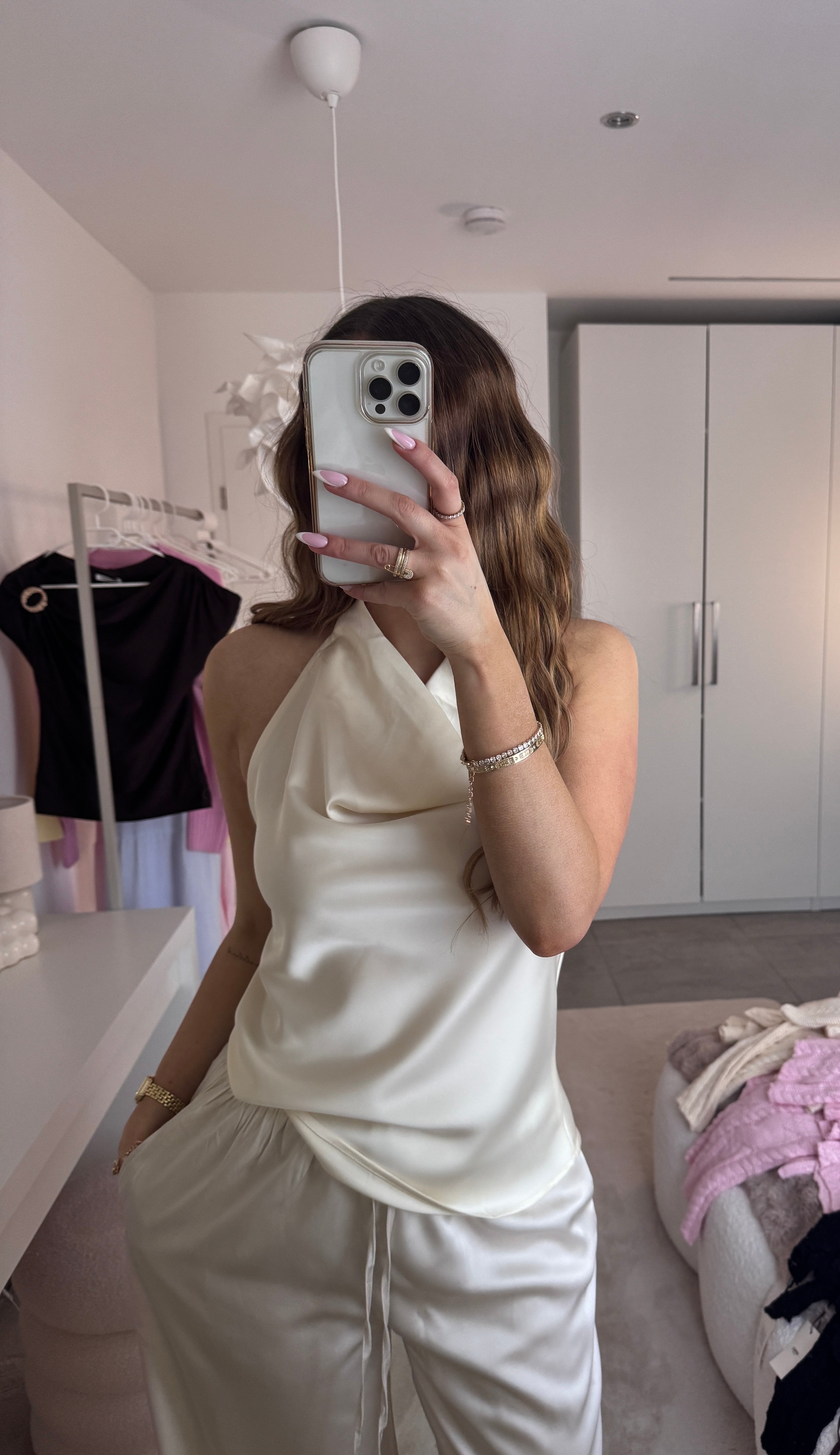 Satin Look Halterneck Top - Creme